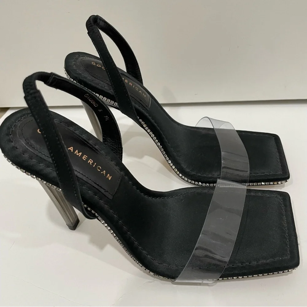 Good American Women's 7 Crystal Crush Lucite Satin Rhinestone Stilletto Heels